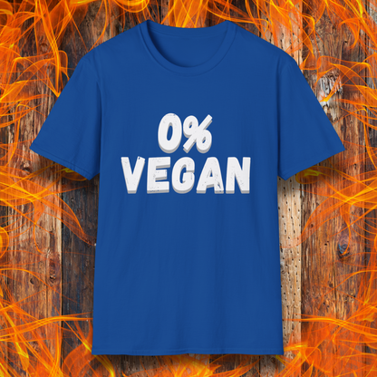 Blue t-shirt with '0% Vegan' text on a fiery background