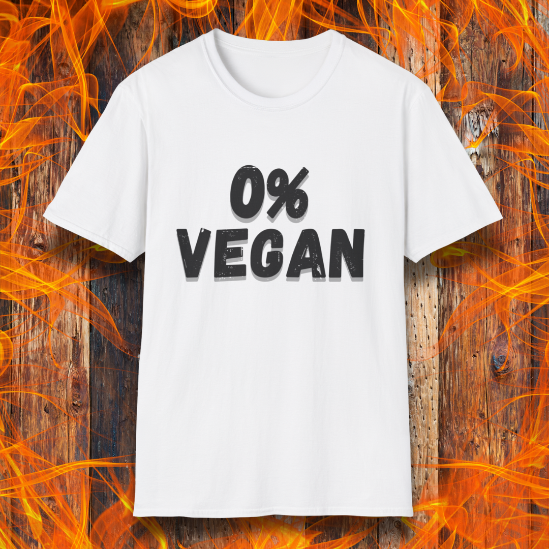 White t-shirt with '0% Vegan' text on a fiery background