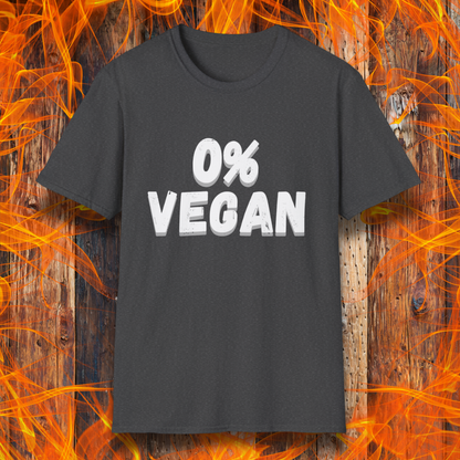 Black t-shirt with '0% Vegan' text on a fiery background