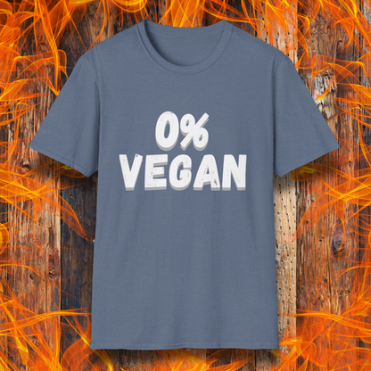 Blue t-shirt with '0% Vegan' text on a fiery background