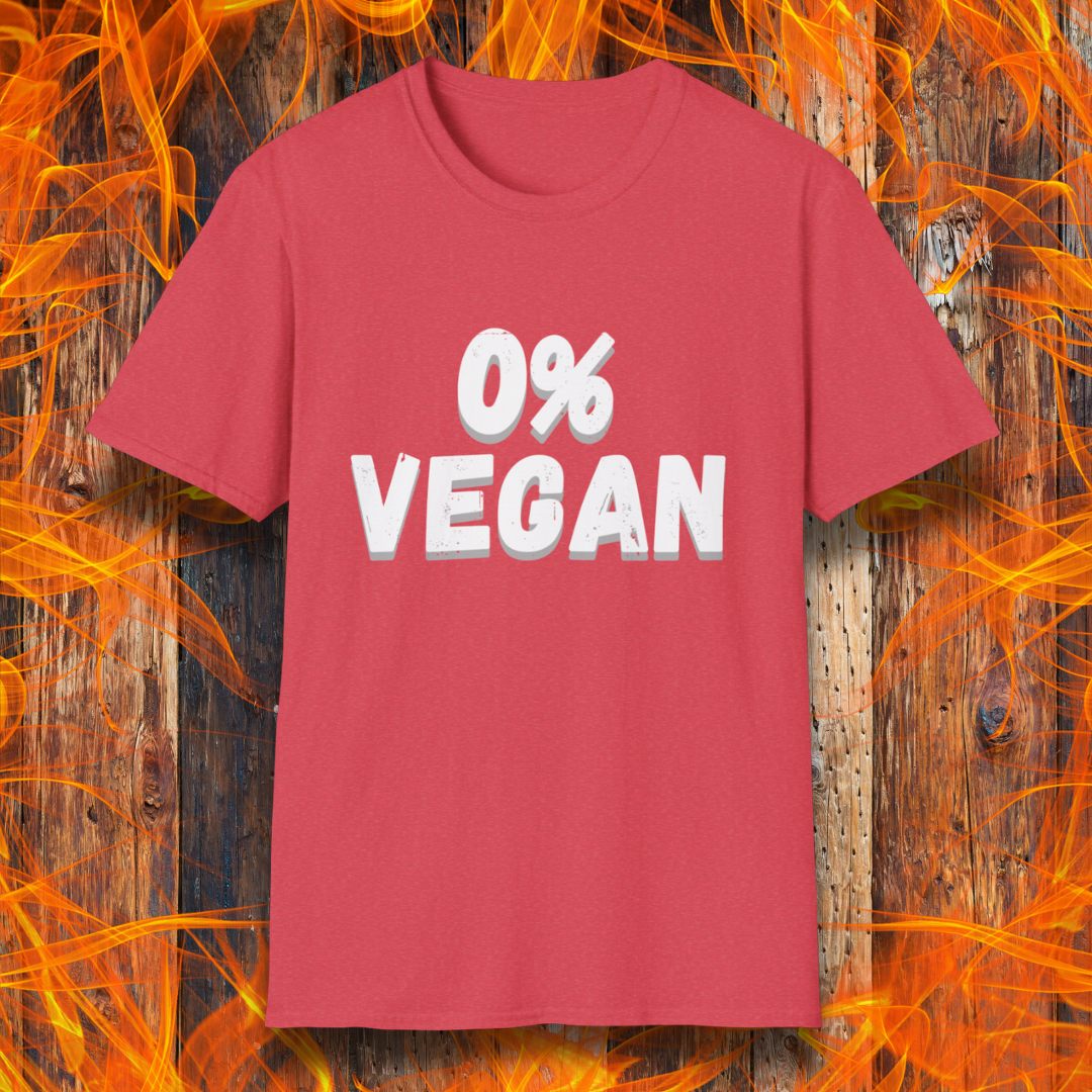 Red t-shirt with '0% Vegan' text on a fiery background