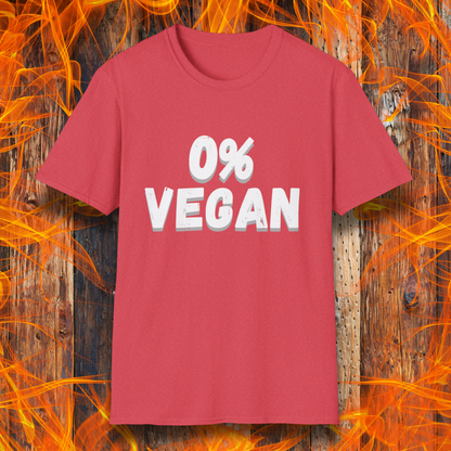 Red t-shirt with '0% Vegan' text on a fiery background