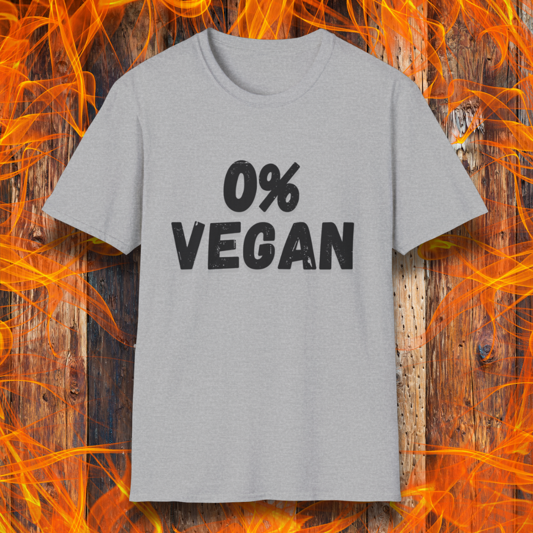 Gray t-shirt with '0% VEGAN' text on a fiery background