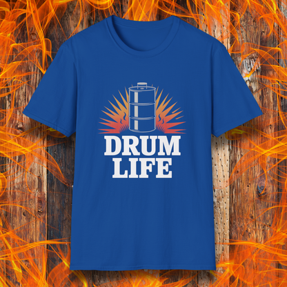 Blue t-shirt with 'DRUM LIFE' graphic on a wooden background with flames