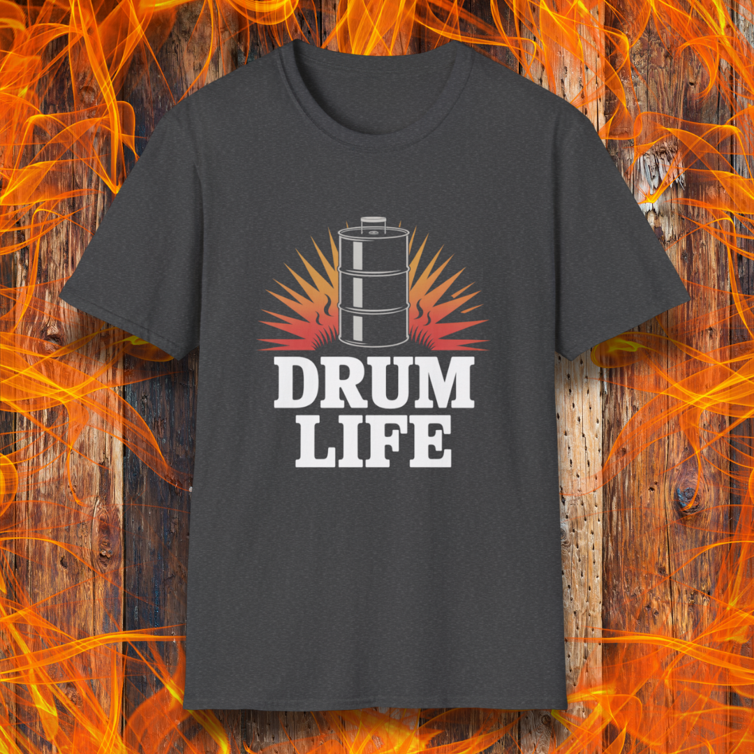 Gray t-shirt with 'DRUM LIFE' graphic on a wooden background with flames