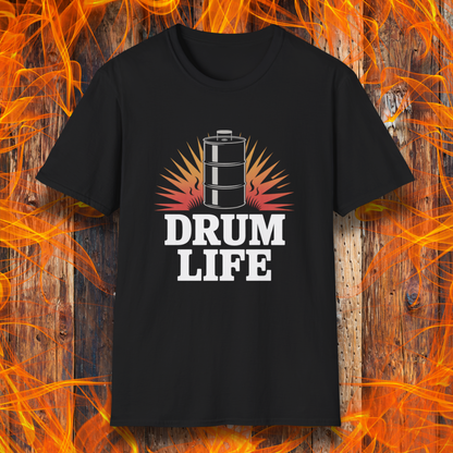 Black t-shirt with 'DRUM LIFE' design on a fiery background