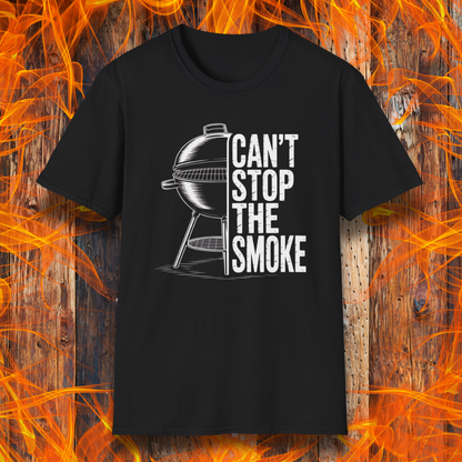 Black t-shirt with a graphic of a barbecue and 'Can't Stop the Smoke' text on a fiery background.