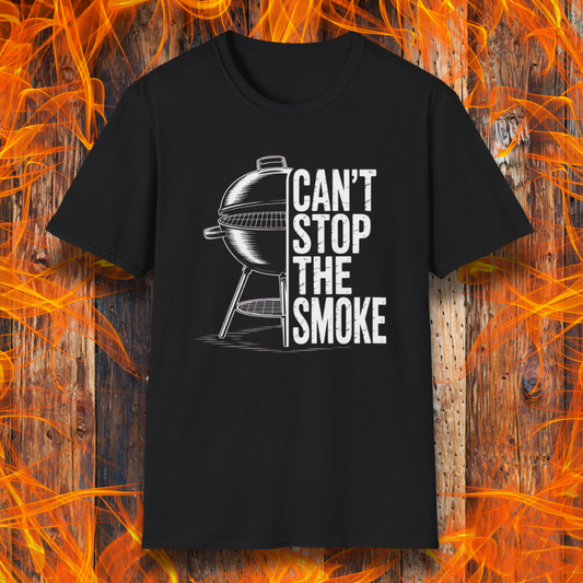 Black t-shirt with a graphic of a barbecue and 'Can't Stop the Smoke' text on a fiery background.