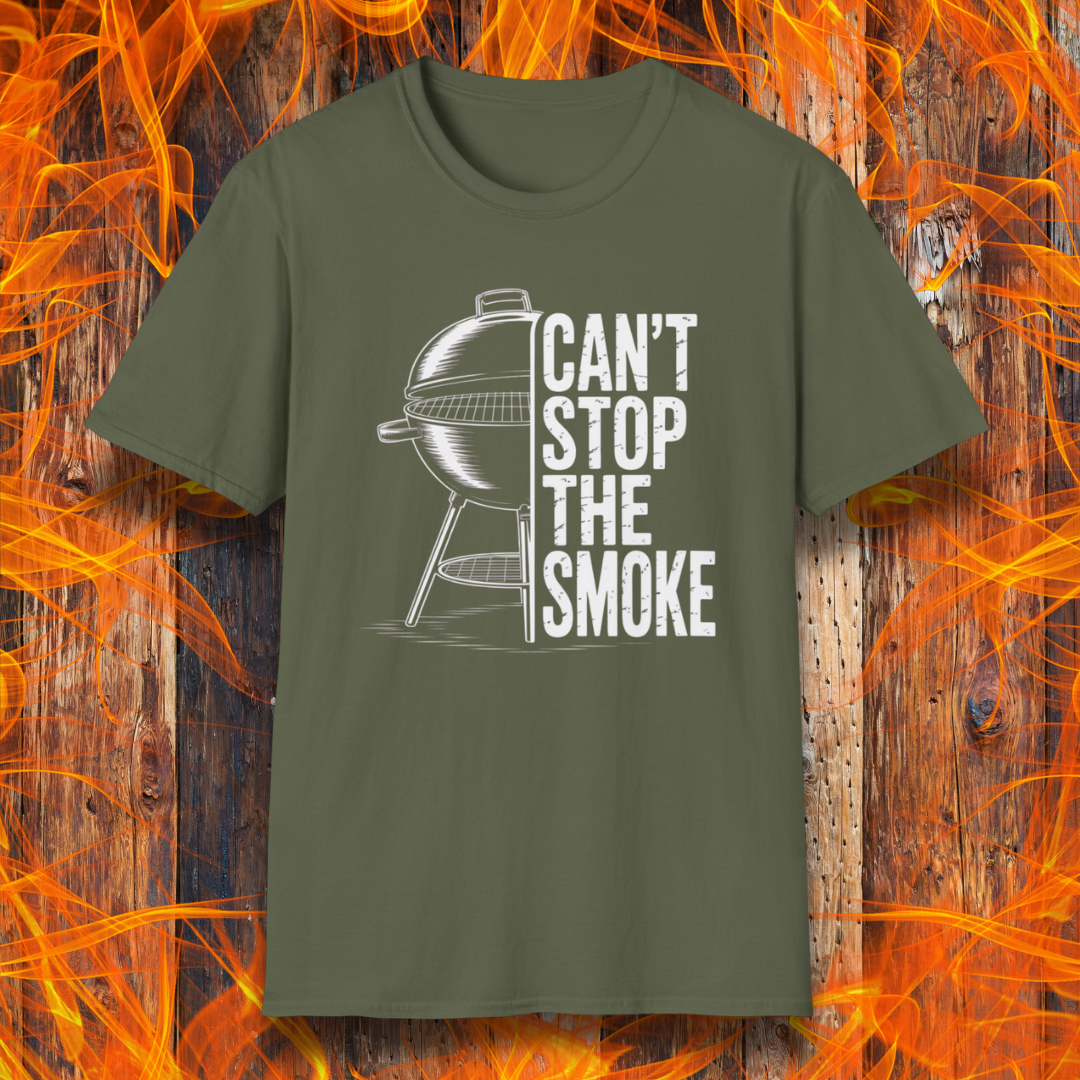 Green t-shirt with barbecue graphic and 'Can't Stop the Smoke' text on a fiery background