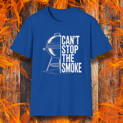 Blue t-shirt with barbecue graphic and 'Can't Stop the Smoke' text on a fiery background