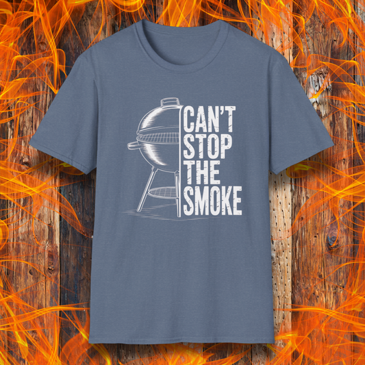 Heather Indigo t-shirt with barbecue graphic and 'Can't Stop the Smoke' text on a fiery background