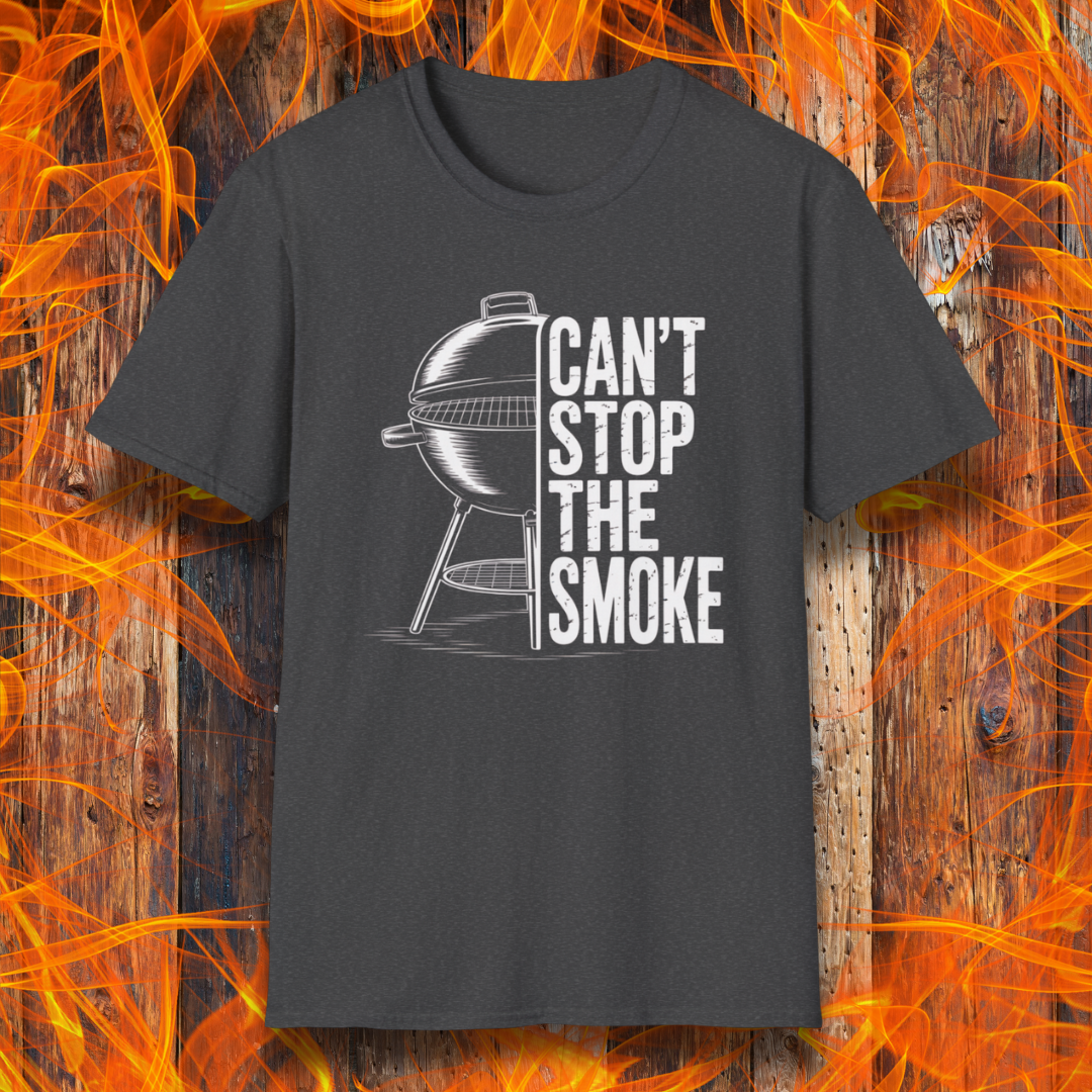 Black t-shirt with a graphic of a barbecue and 'Can't Stop the Smoke' text on a fiery background