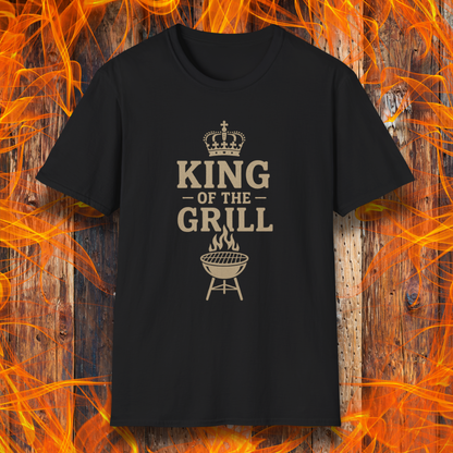 Black t-shirt with 'King of the Grill' text on a fiery background