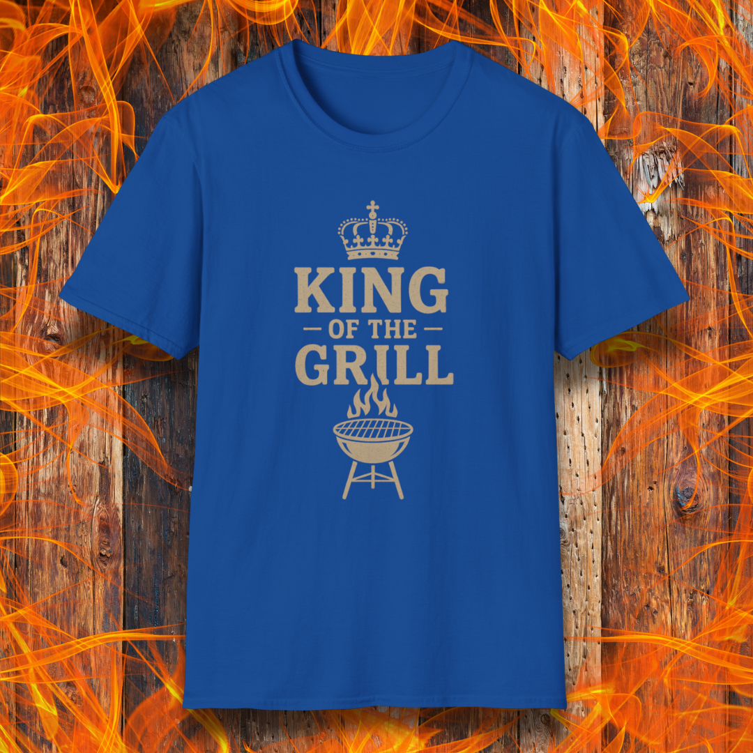 Blue t-shirt with 'King of the Grill' text on a fiery background