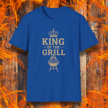 Blue t-shirt with 'King of the Grill' text on a fiery background