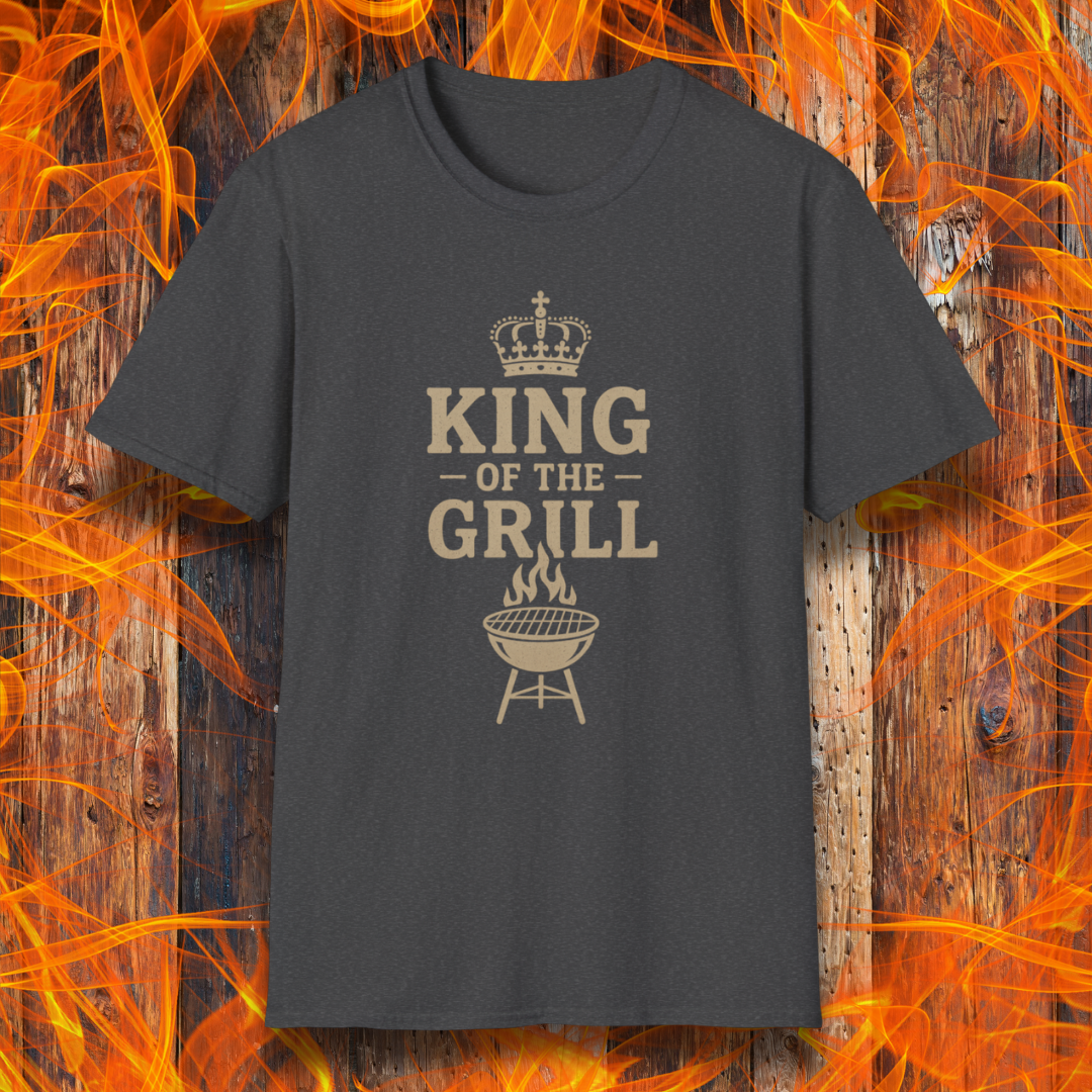 Dark Grey t-shirt with 'King of the Grill' text on a fiery background