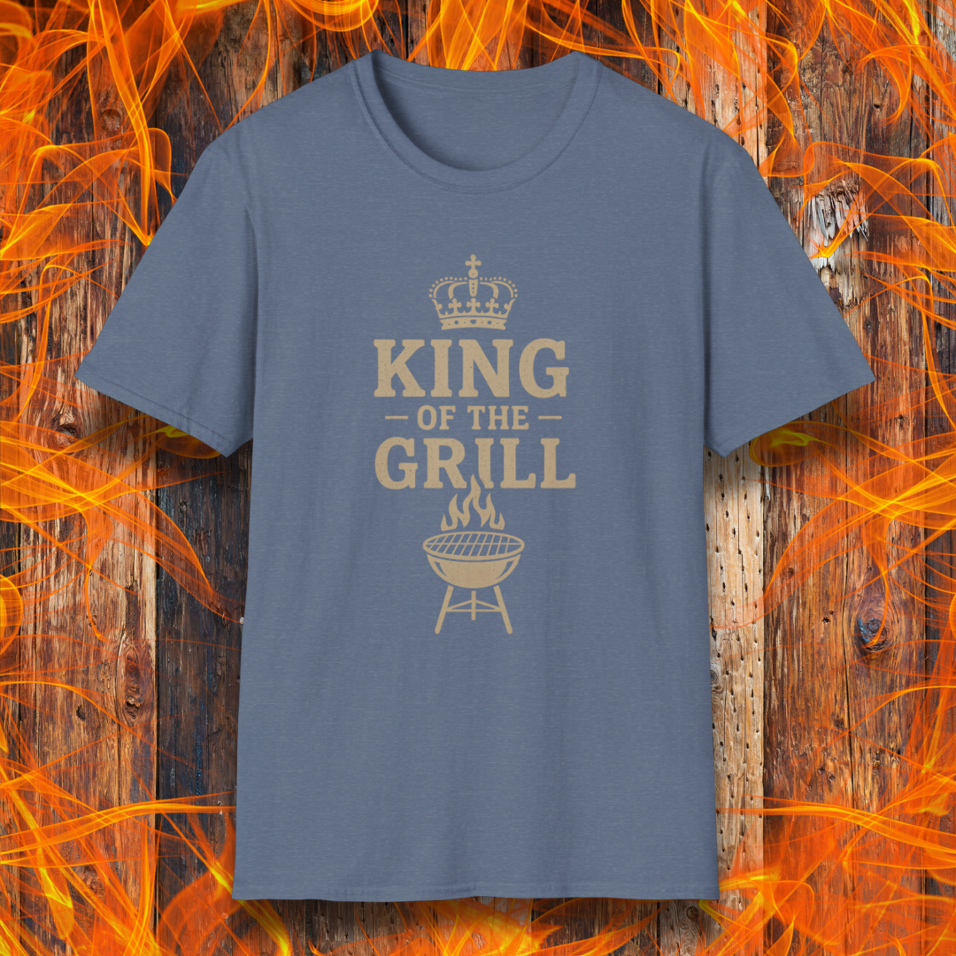 Blue t-shirt with 'King of the Grill' text on a fiery background