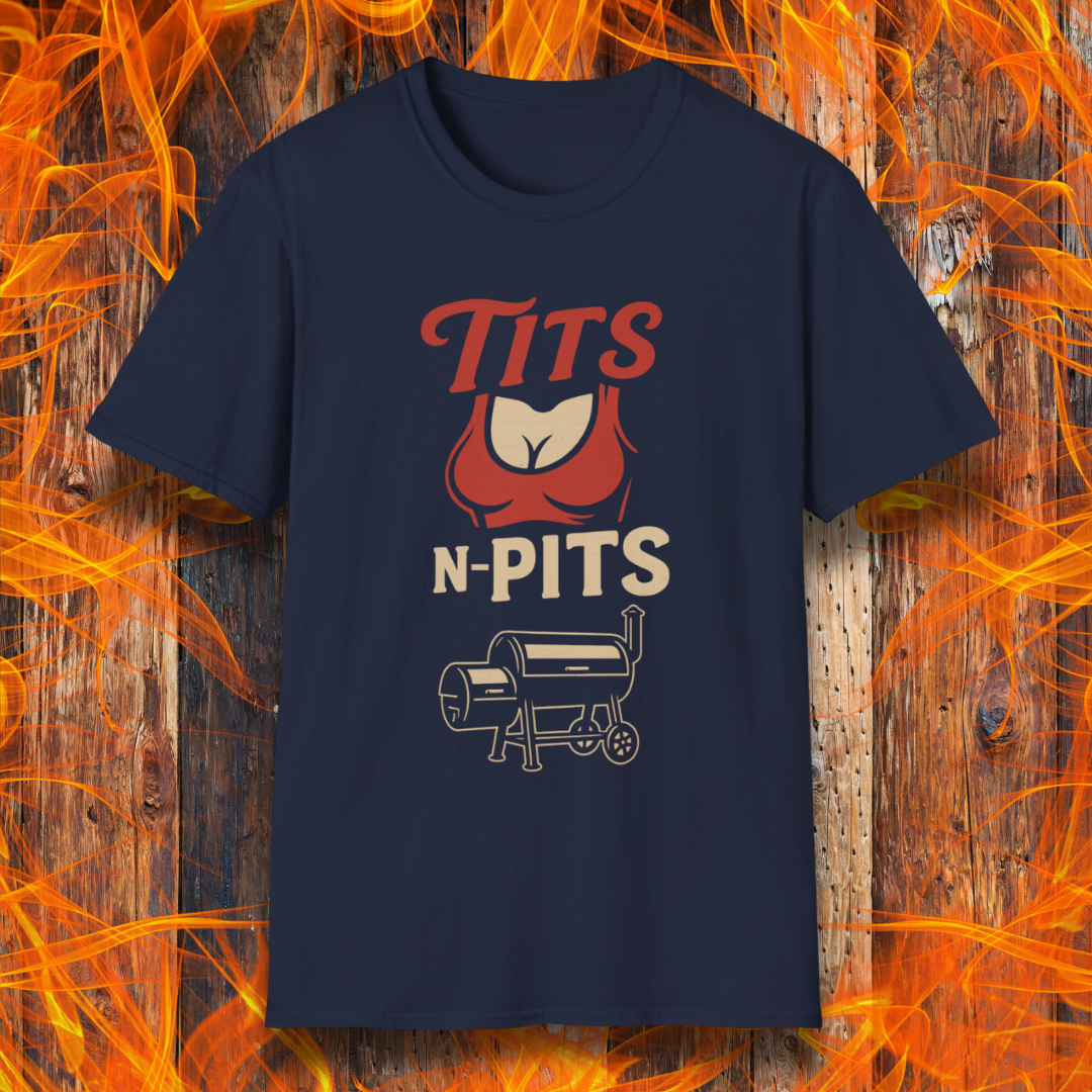 Navy blue t-shirt with graphic design on a wooden background with flames