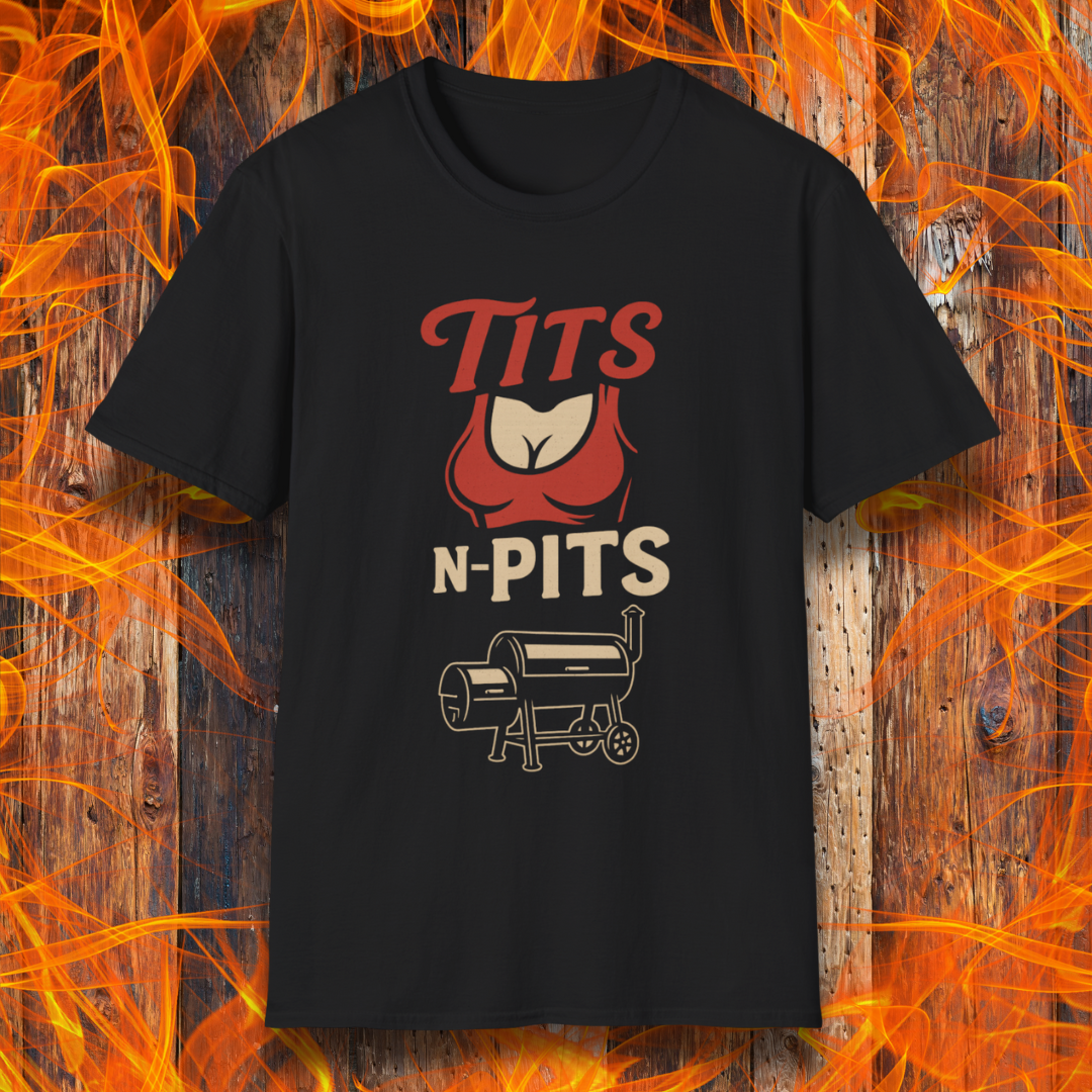 Black t-shirt with graphic design and text on a fiery background