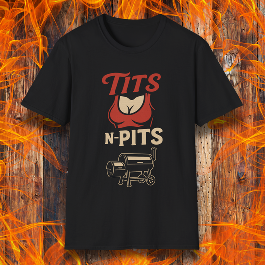 Black t-shirt with graphic design and text on a fiery background