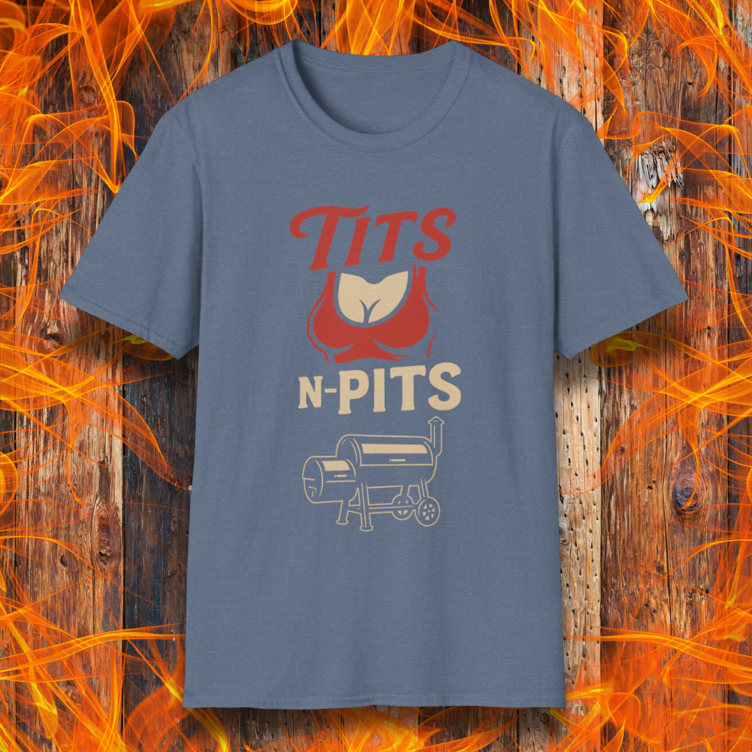 Blue t-shirt with graphic design on a wooden background with flames