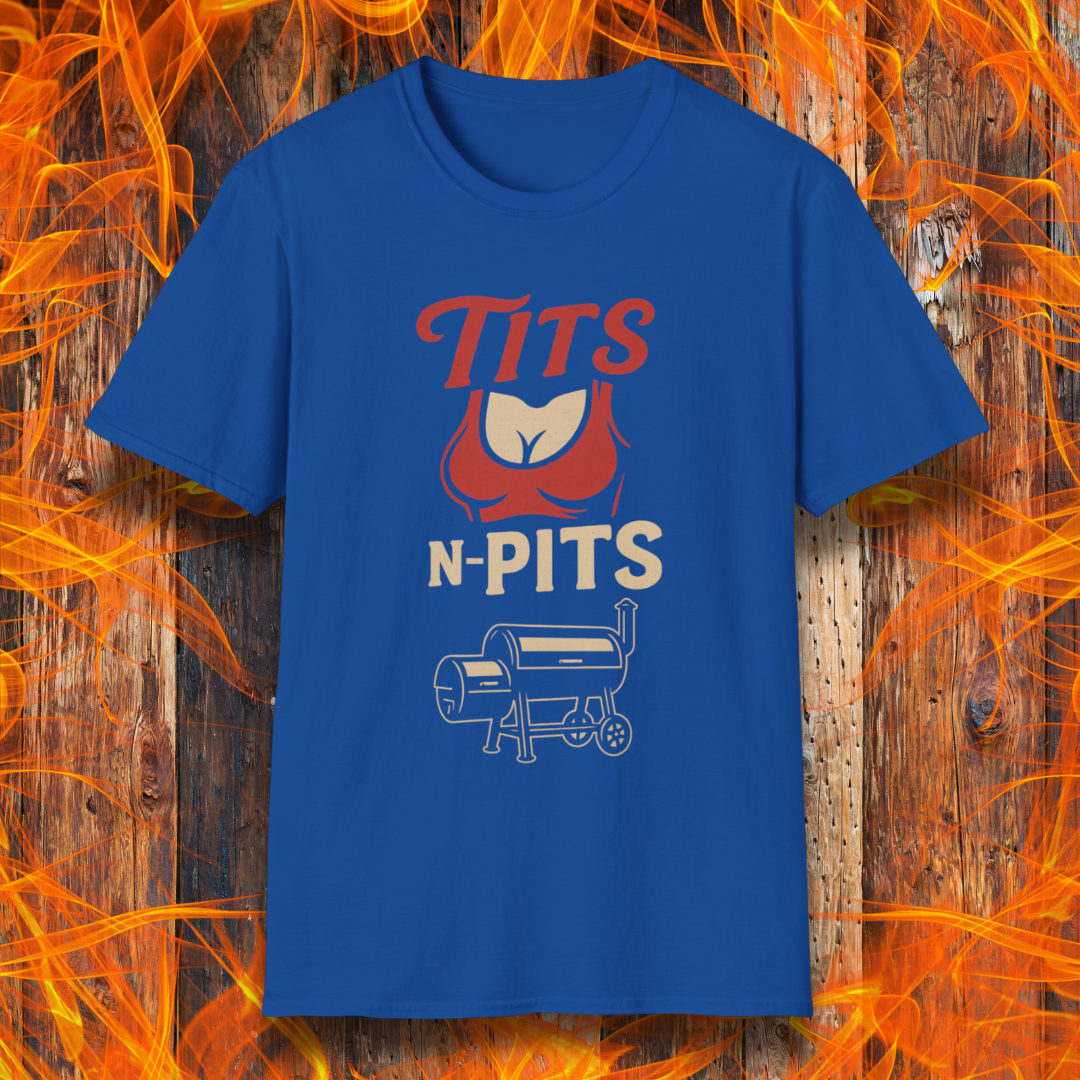 Blue t-shirt with graphic design and text on a wooden background with flames