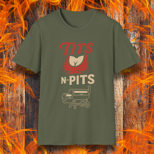Green t-shirt with graphic design on a wooden background with flames
