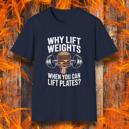 Navy blue t-shirt with a graphic and text on a wooden background with flames.
