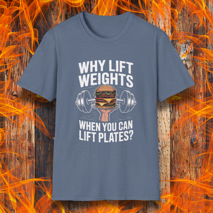 Blue t-shirt with a graphic and text on a wooden background with flames