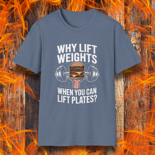 Blue t-shirt with a graphic and text on a wooden background with flames