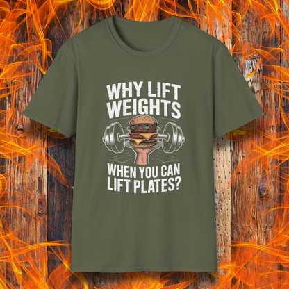 Green t-shirt with a graphic and text on a wooden background with flames