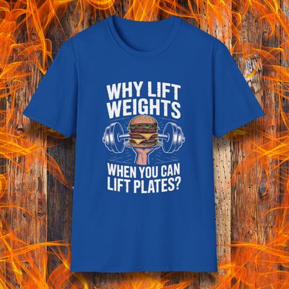 Blue t-shirt with humorous graphic and text on a fiery background