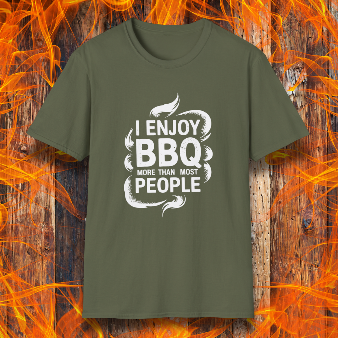 Green t-shirt with 'I enjoy BBQ more than most people' text on a fiery background