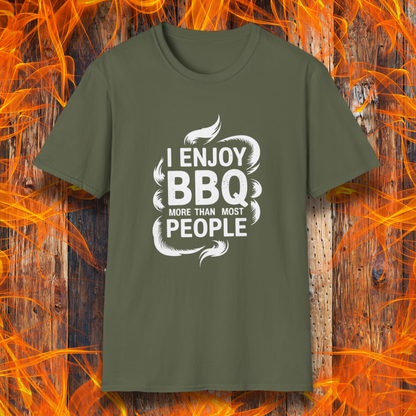 Green t-shirt with 'I enjoy BBQ more than most people' text on a fiery background