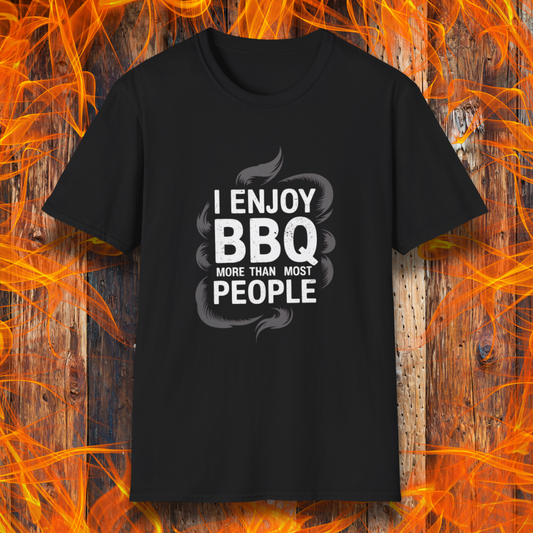Black t-shirt with 'I enjoy BBQ more than most people' text on a fiery background
