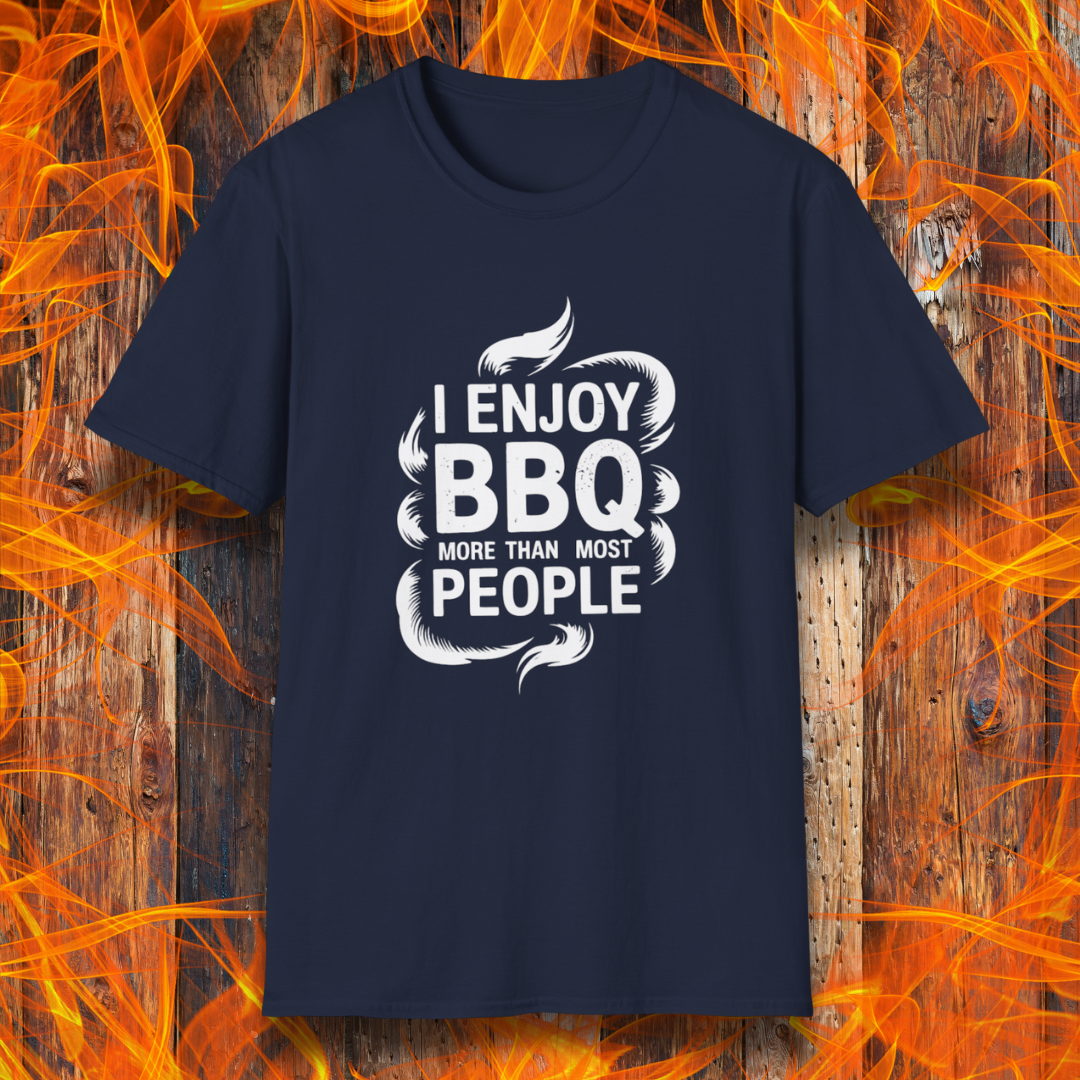 Navy blue t-shirt with 'I enjoy BBQ more than most people' text on a fiery background
