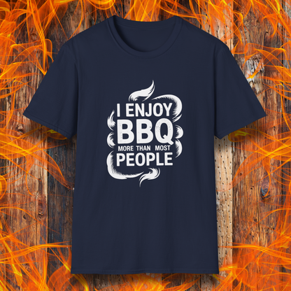 Navy blue t-shirt with 'I enjoy BBQ more than most people' text on a fiery background