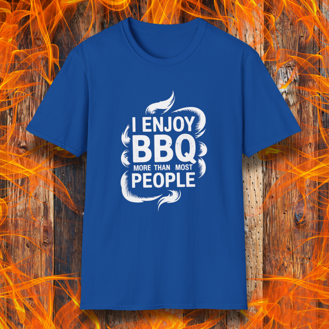 Blue t-shirt with 'I enjoy BBQ more than most people' text on a fiery background