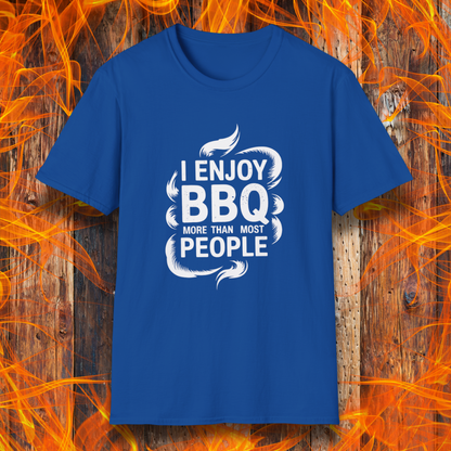 Blue t-shirt with 'I enjoy BBQ more than most people' text on a fiery background
