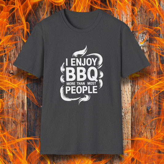Black t-shirt with 'I enjoy BBQ more than most people' text on a fiery background