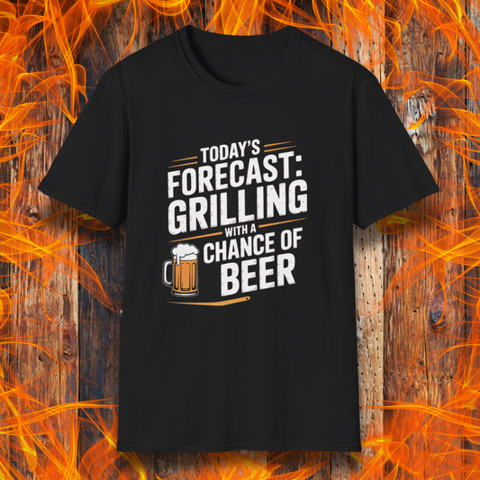 Black t-shirt with 'Today's Forecast: Grilling with a Chance of Beer' text on a fiery background