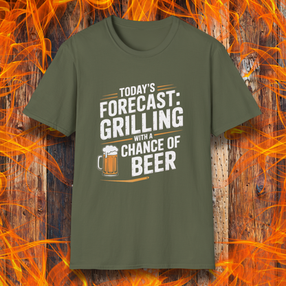 Green t-shirt with 'Today's Forecast: Grilling with a Chance of Beer' text on a fiery background