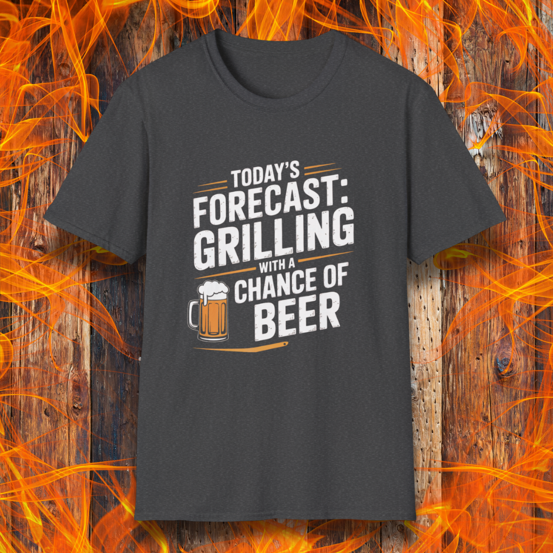 Black t-shirt with 'Today's Forecast: Grilling with a Chance of Beer' text and graphic on a fiery background.