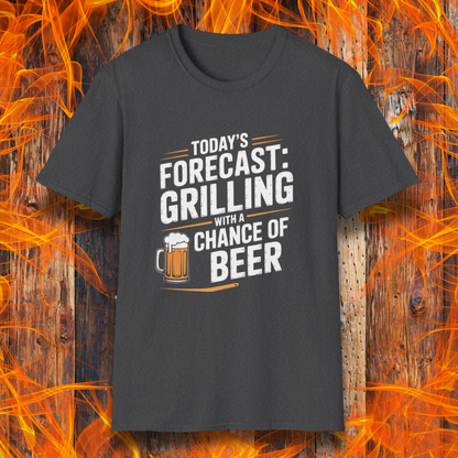Black t-shirt with 'Today's Forecast: Grilling with a Chance of Beer' text and graphic on a fiery background.