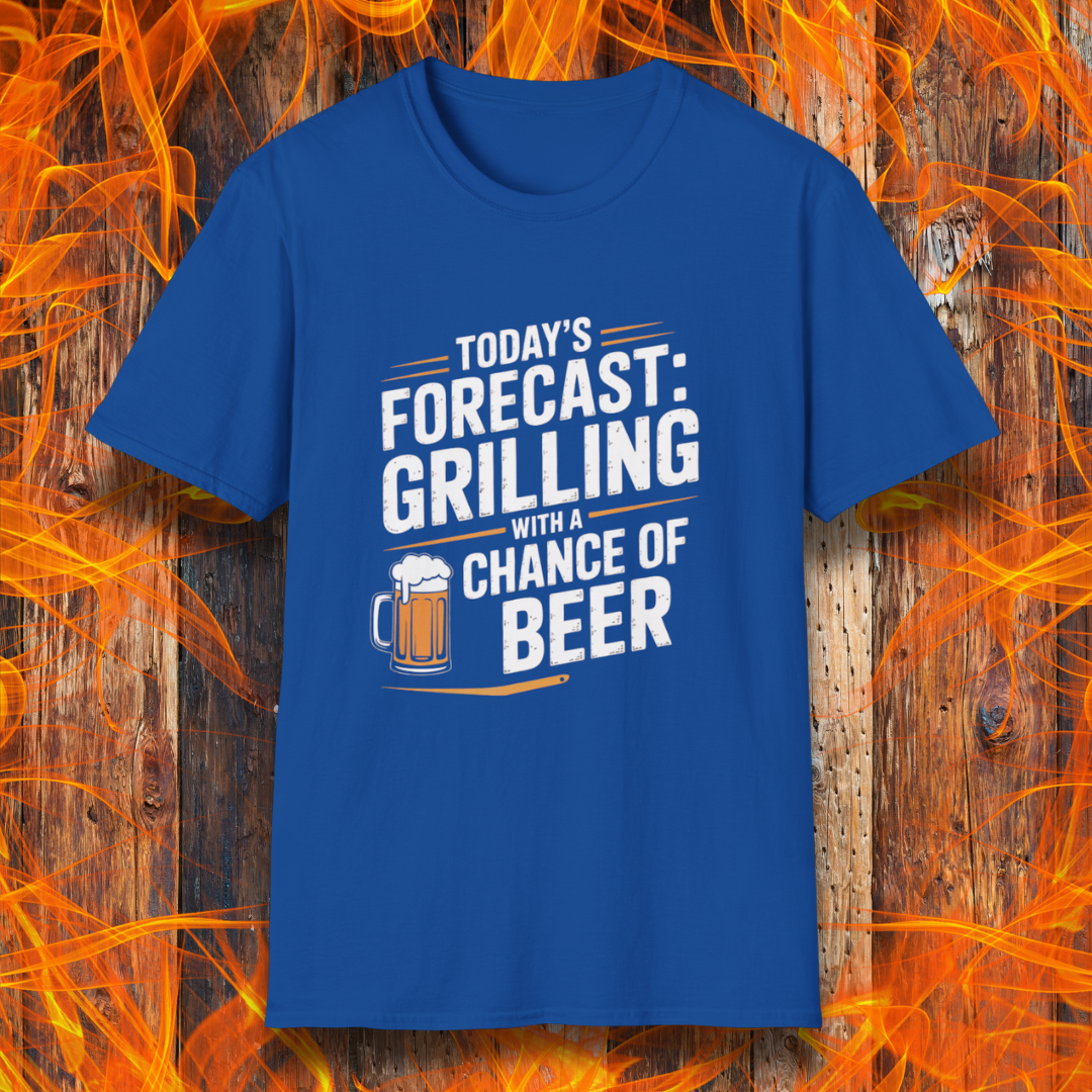 Blue t-shirt with text 'Today's Forecast: Grilling with a Chance of Beer' on a wooden background with flames.