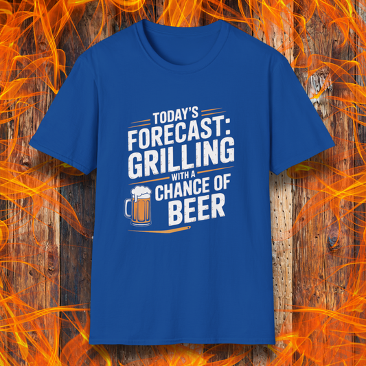 Blue t-shirt with text 'Today's Forecast: Grilling with a Chance of Beer' on a wooden background with flames.