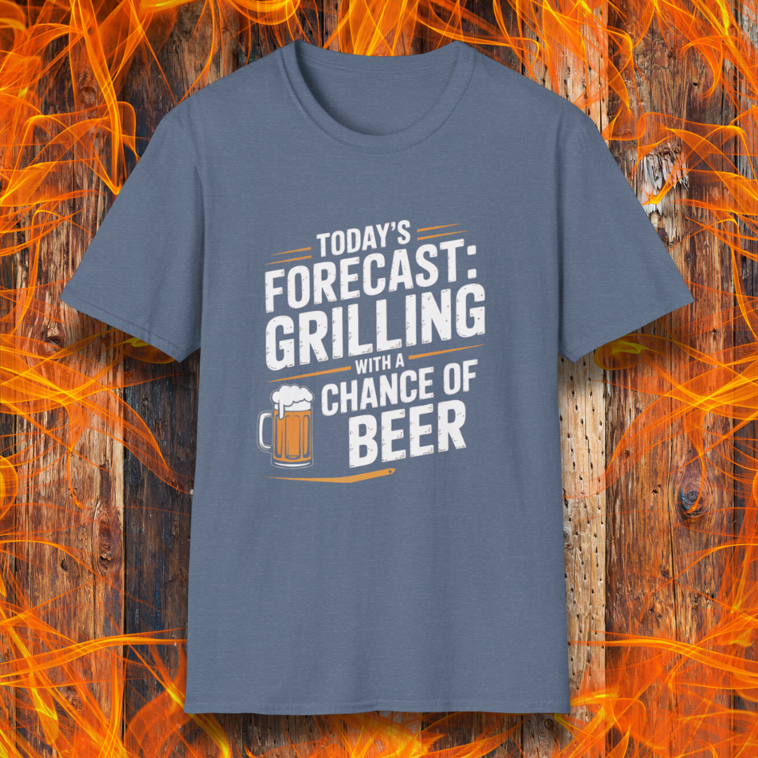 Blue t-shirt with 'Today's Forecast: Grilling with a Chance of Beer' text on a wooden background with flames.