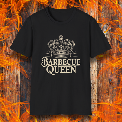 Black t-shirt with 'Barbecue Queen' design on a fiery background