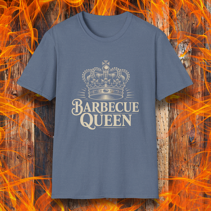 Blue t-shirt with 'Barbecue Queen' design on a fiery background