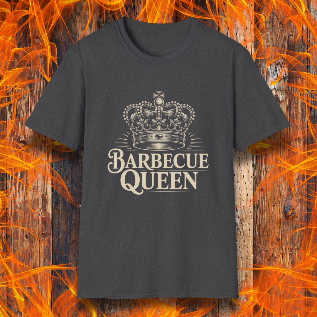 Black t-shirt with 'Barbecue Queen' design on a wooden background with flames.